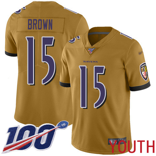 Baltimore Ravens Limited Gold Youth Marquise Brown Jersey NFL Football #15 100th Season Inverted Legend